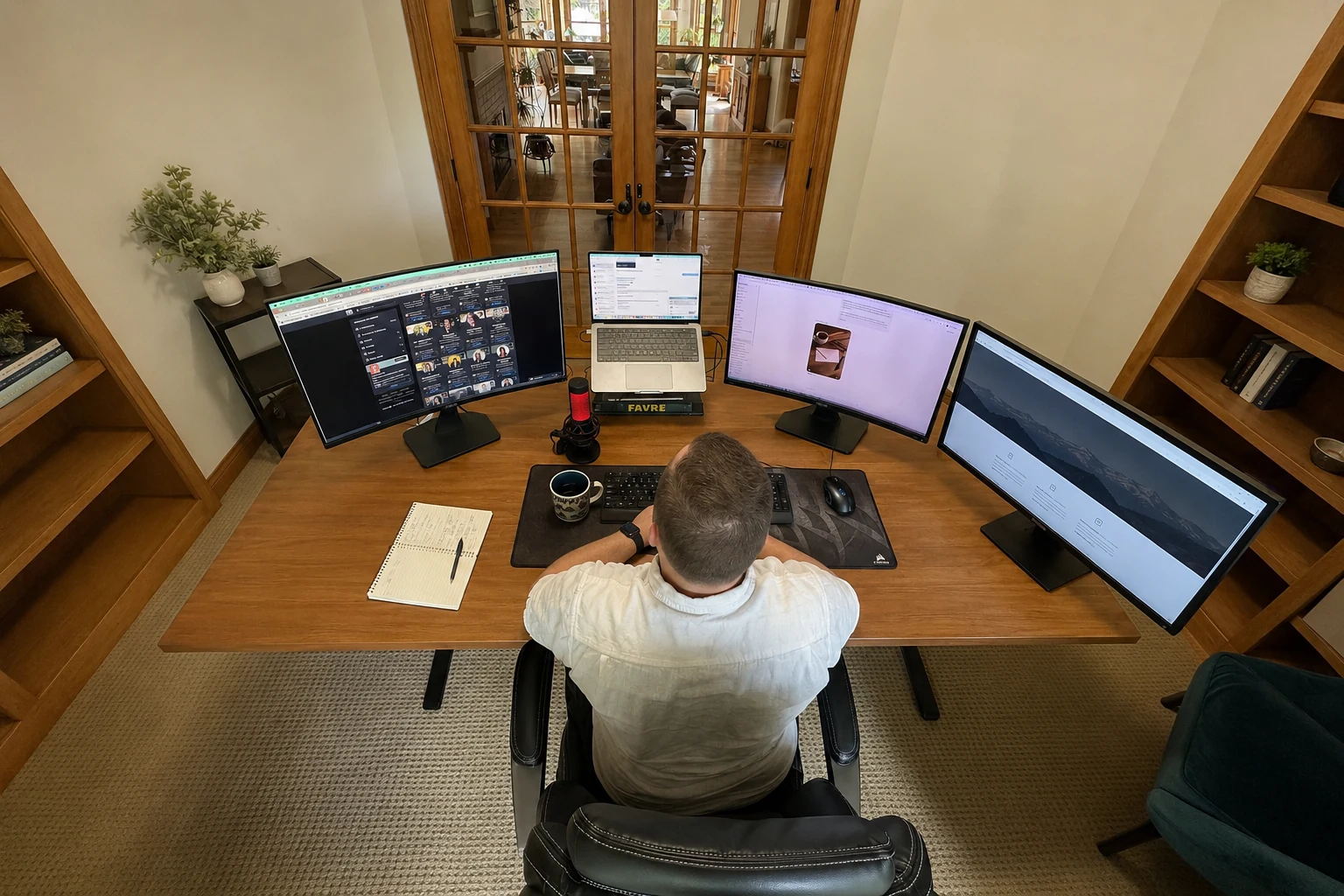Ben Langner's actual desk, four monitors mid-morning